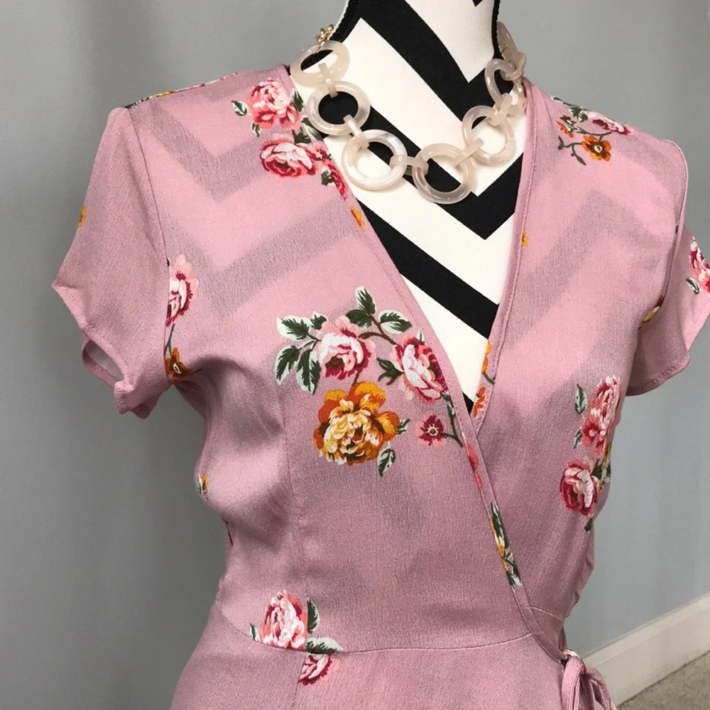 Mauve Floral Wrap Dress - Picture 2 of 7